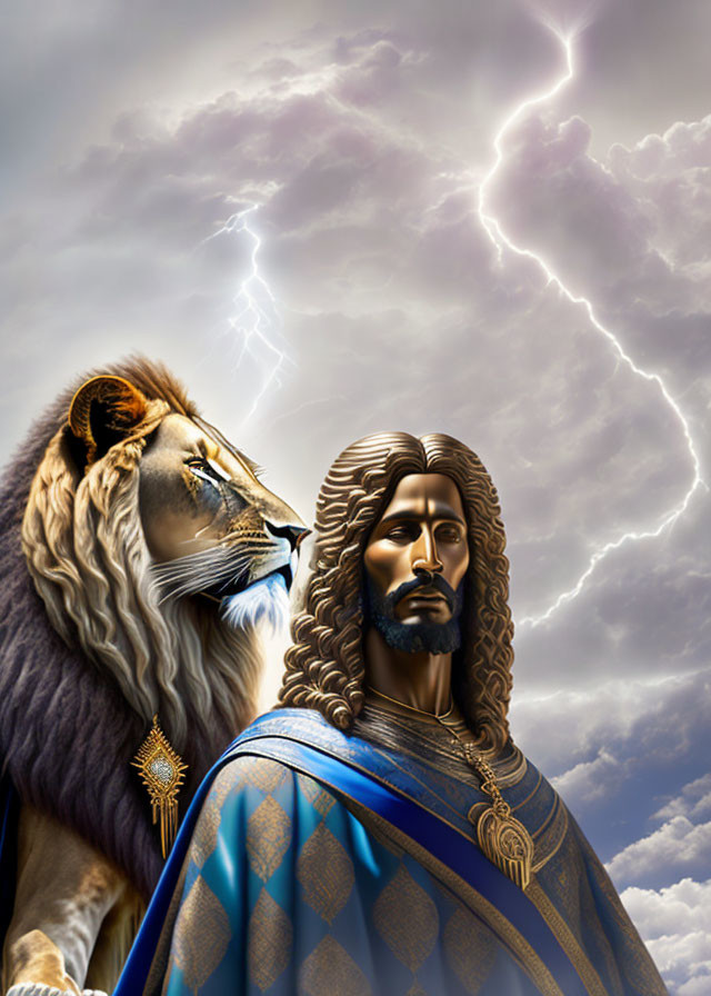 Majestic figure with lion in stormy sky digital art