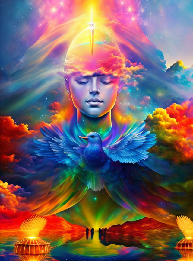 Colorful Psychedelic Illustration of Serene Face with Third Eye and Cosmic Background