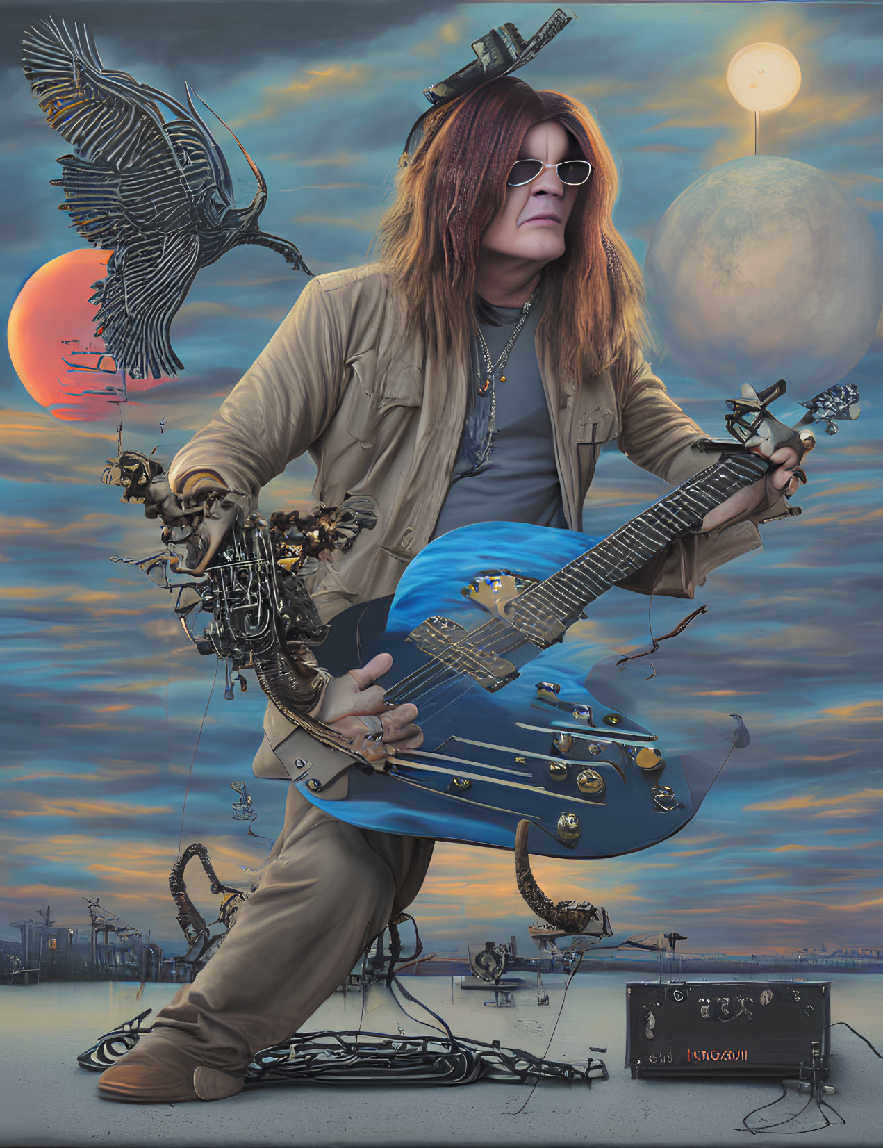 Long Red-Haired Person Playing Electric Guitar with Mechanical Arms in Surreal Sunset Setting