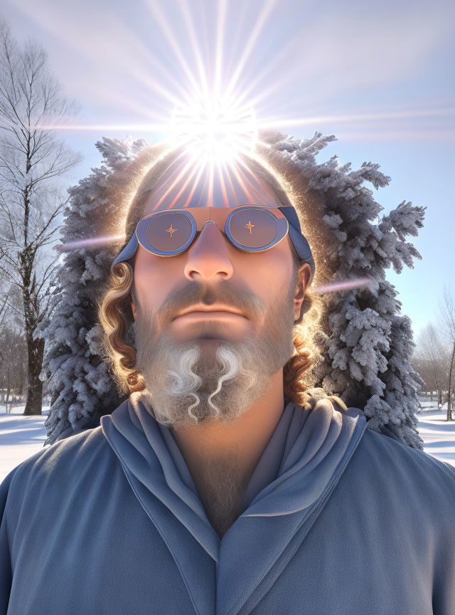 Curly Haired Man in Sunglasses with Sunburst in Snowy Landscape