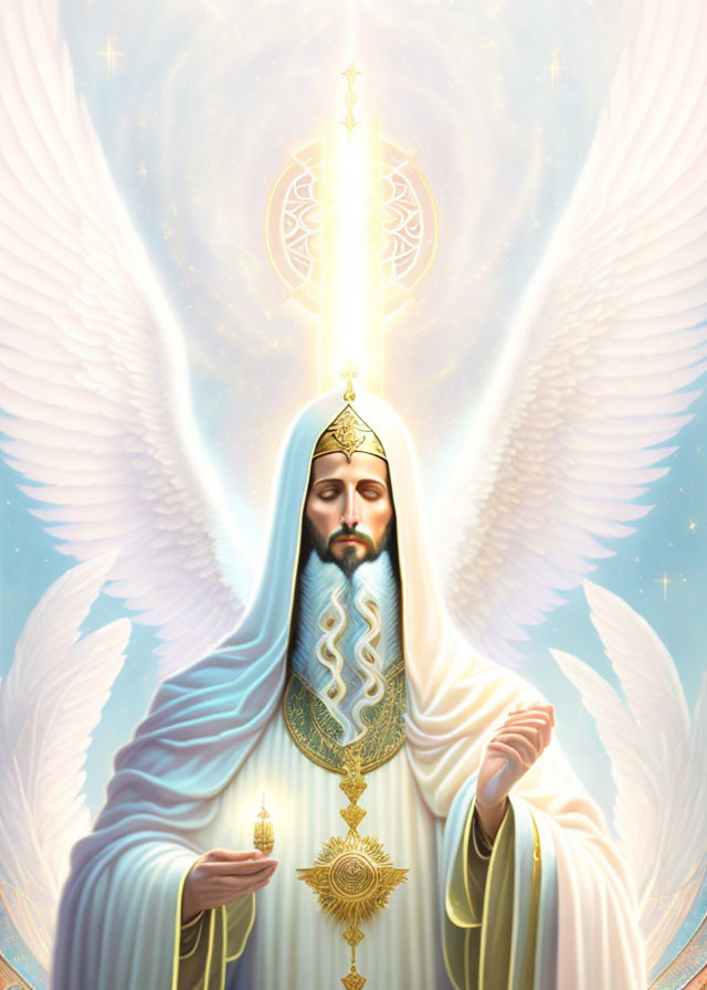 Majestic bearded figure in white and gold robes with golden ornament and radiant light