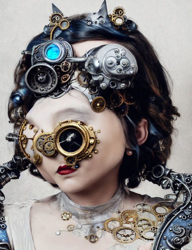 Steampunk-style woman with mechanical components and goggles.