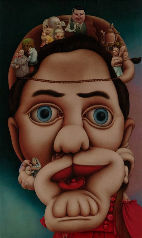 Surreal painting of large face made of smaller figures