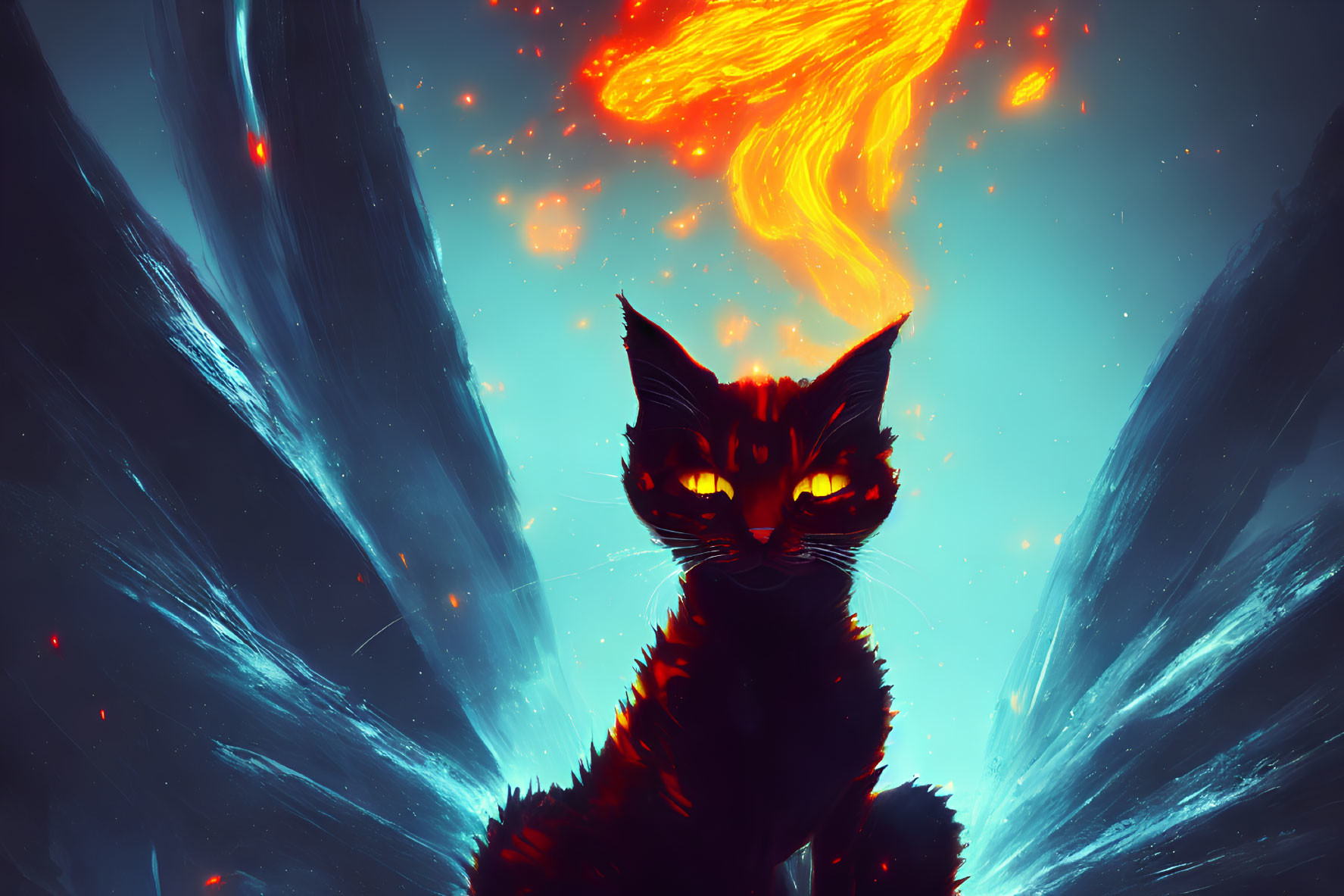 Glowing fiery-eyed cat with flaming tail on cosmic backdrop