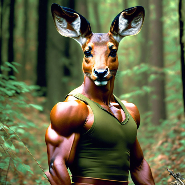 Deer with human muscular arms in tank top in forest