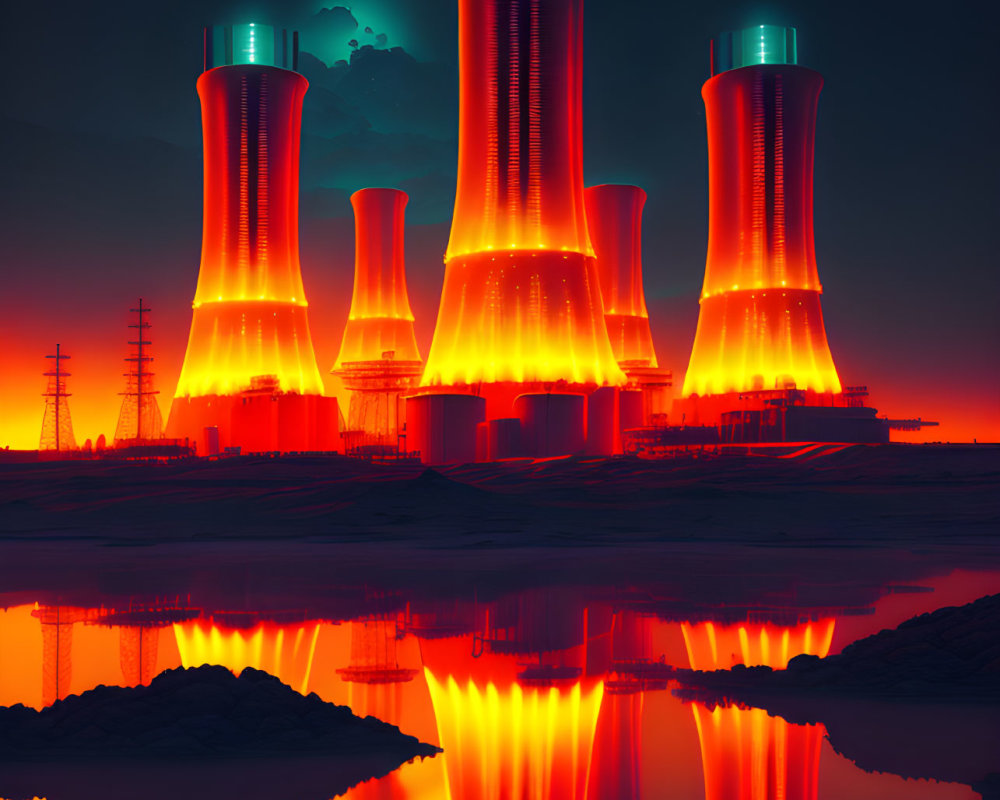 Illuminated nuclear power plant at dusk reflected in water