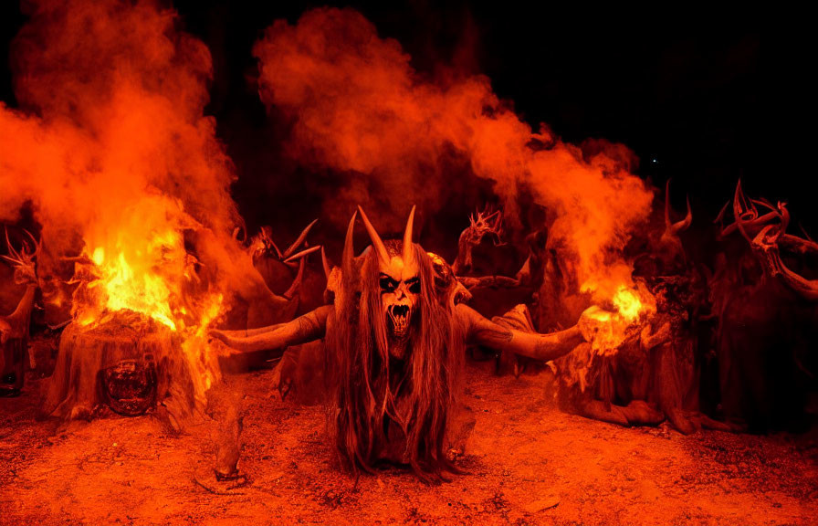 People in demon costumes engulfed in flames and smoke at night.