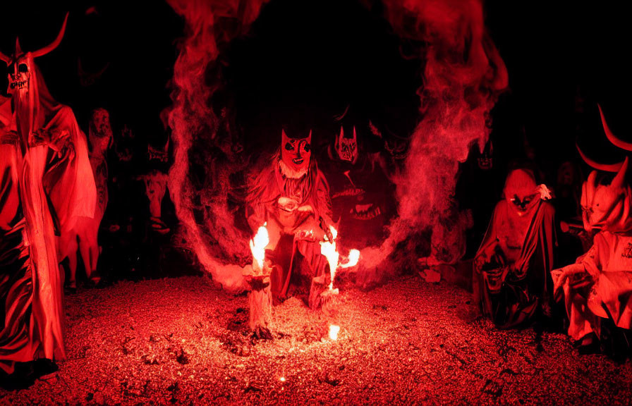 Demonic costumes around fire in haunting scene