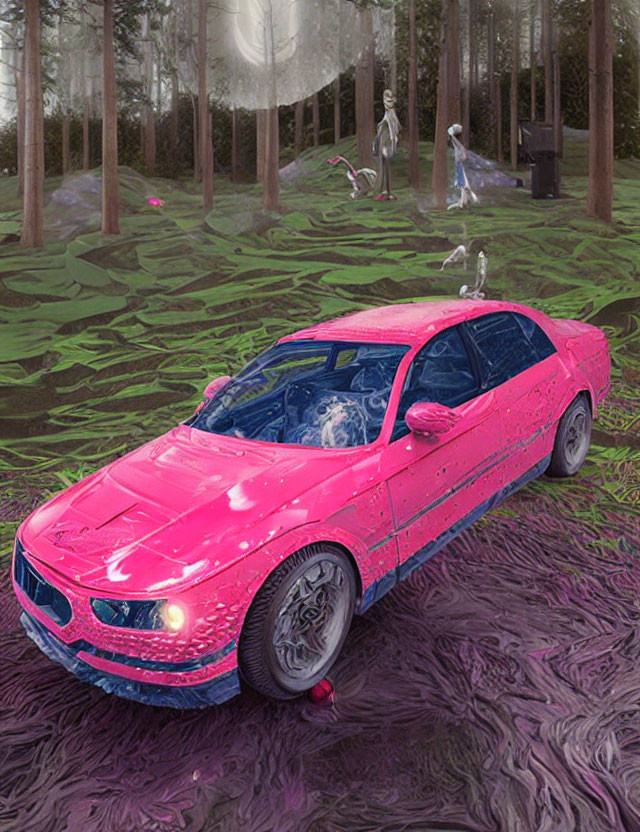 Pink Car with Patterned Texture on Forest Road Surrounded by Ghostlike Figures