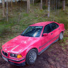 Pink Car with Patterned Texture on Forest Road Surrounded by Ghostlike Figures