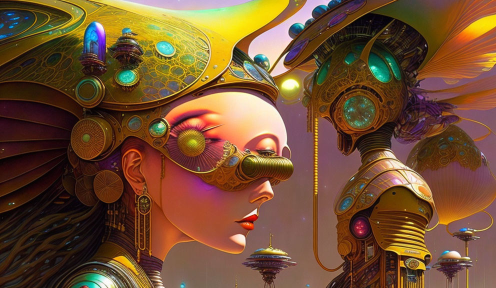 Elaborate golden headgear and ornate mask on futuristic female figure