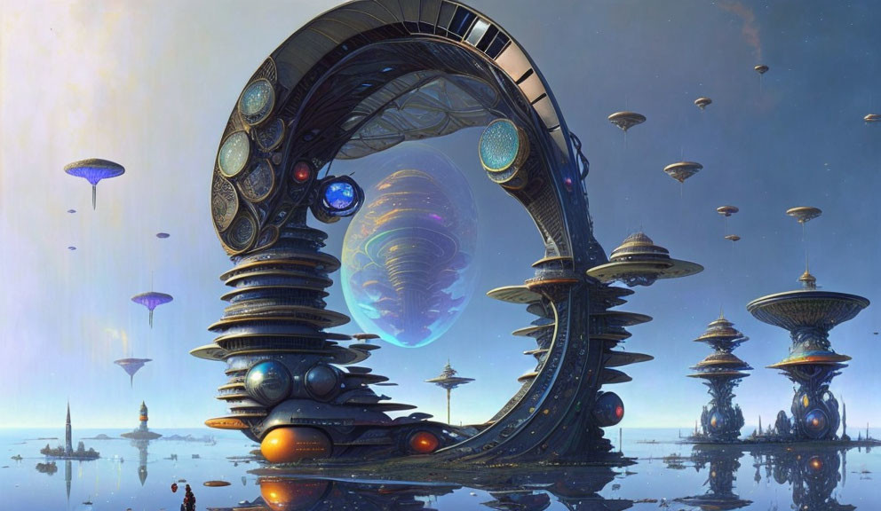 Futuristic cityscape with floating structures and large arches