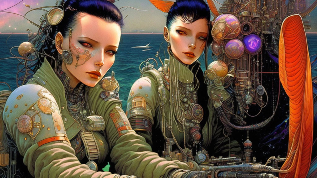 Futuristic female figures with cybernetic enhancements in ornate attire against mechanical backdrop.