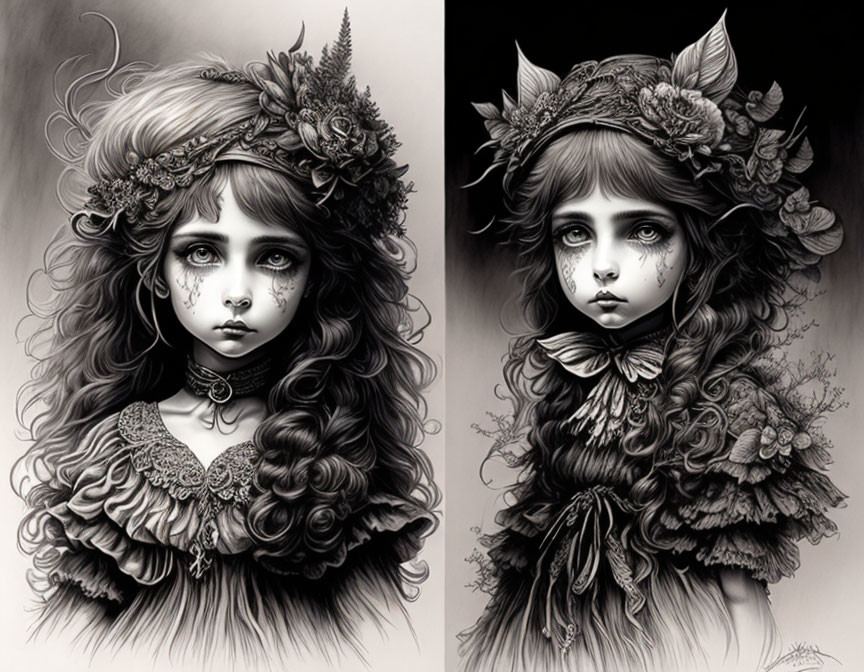 Detailed monochromatic illustration of two girls with floral headpieces and ruffled attire, featuring expressive eyes