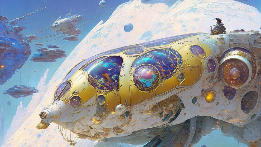 Golden and Blue Spaceship Soaring Amid Planets and Bird