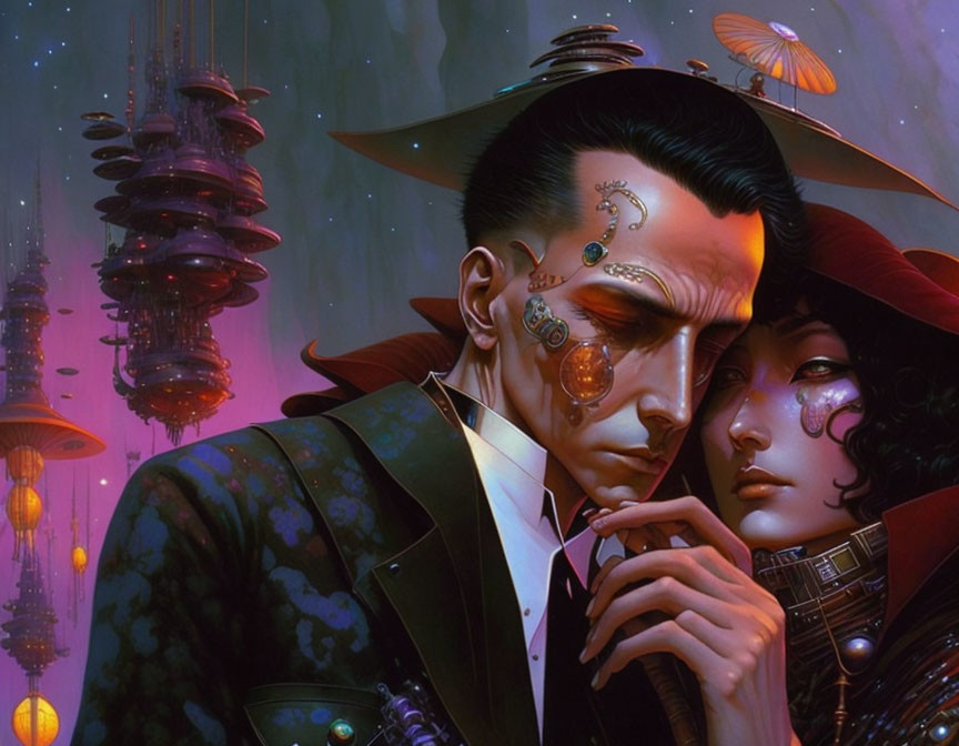 Futuristic stylized portrait of two individuals with cybernetic enhancements