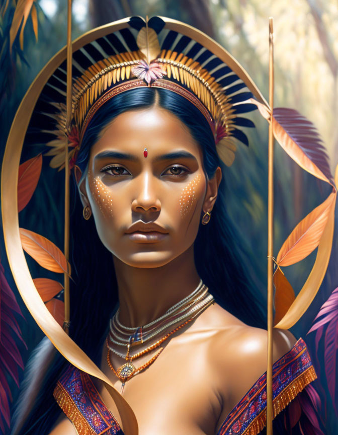 Woman in traditional headdress with spear, framed by golden circle in forest.