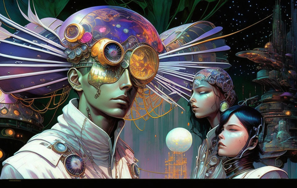 Fantastical digital artwork: Three characters with intricate headgear in futuristic setting