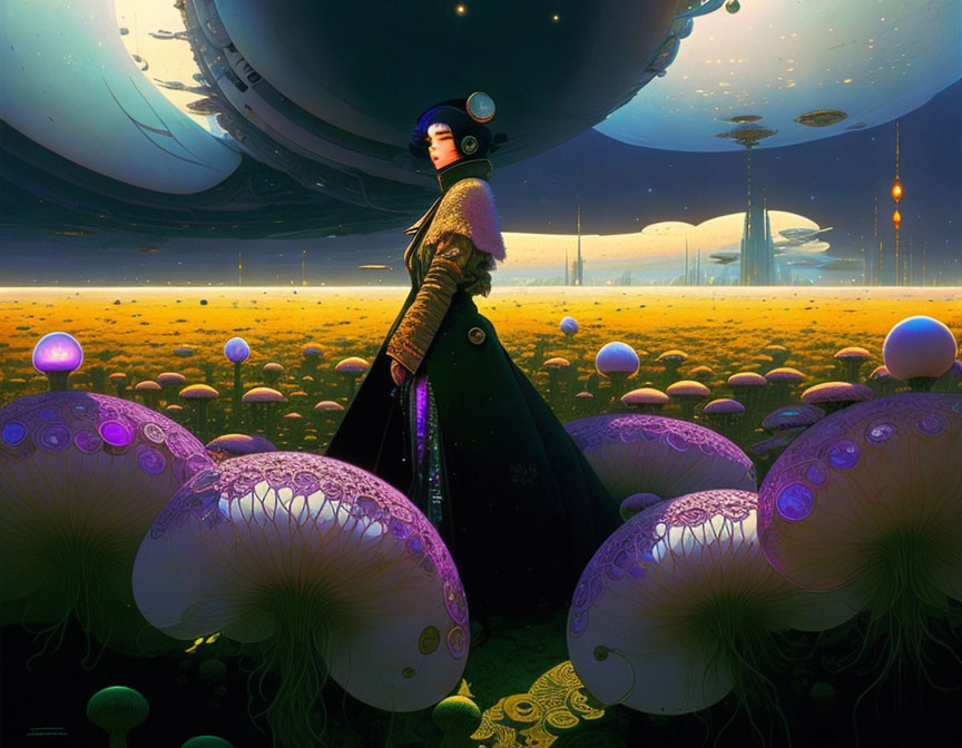 Bioluminescent mushrooms in vast field under futuristic sky