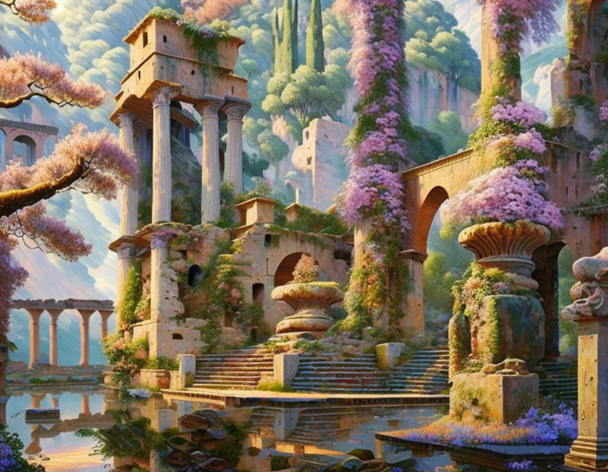 Fantastical landscape with ancient ruins and cherry blossoms