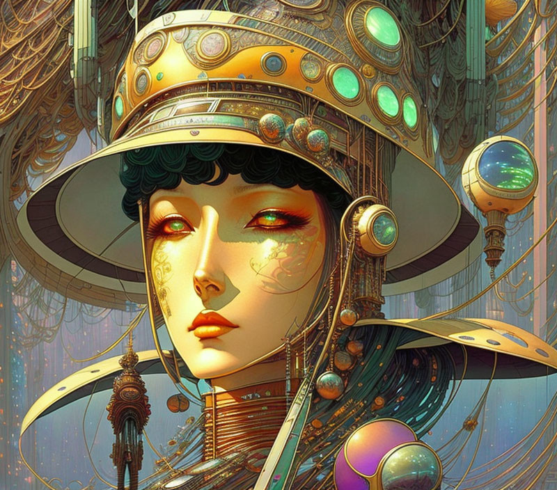 Futuristic steampunk-inspired woman with metallic headgear against ornate background