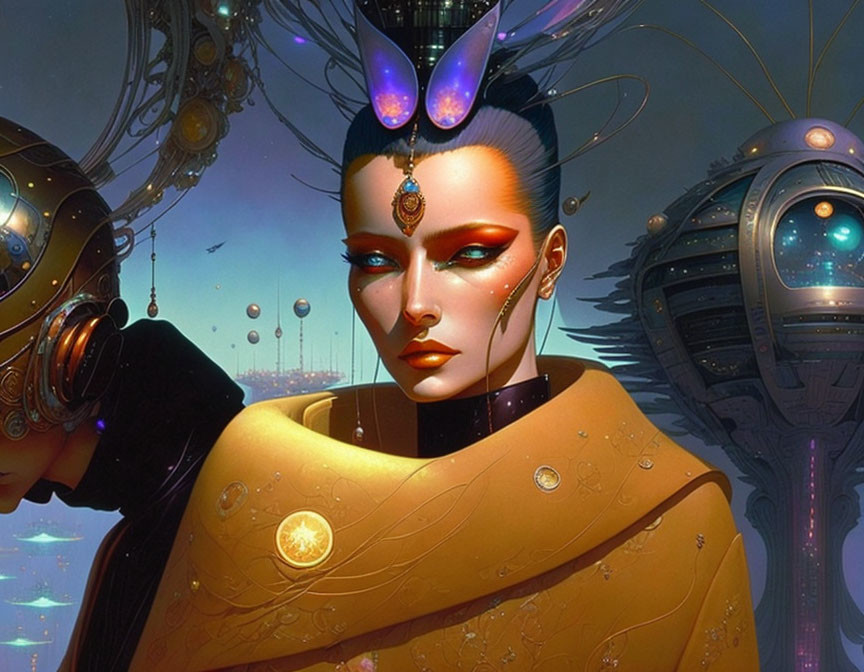 Futuristic female figure with ornate headgear in futuristic cityscape