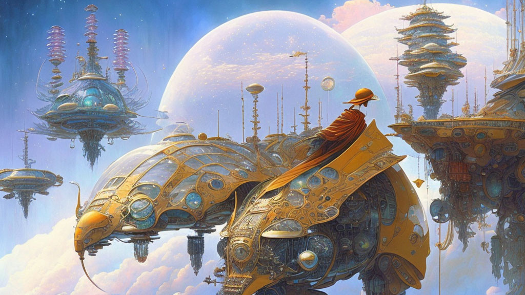 Person in Vibrant Orange Cloak on Gold and Blue Mechanical Creature in Futuristic Cityscape