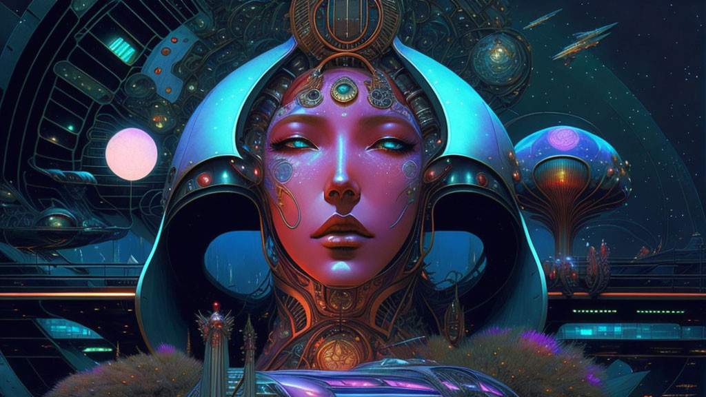 Futuristic female figure with cybernetic features in space city setting