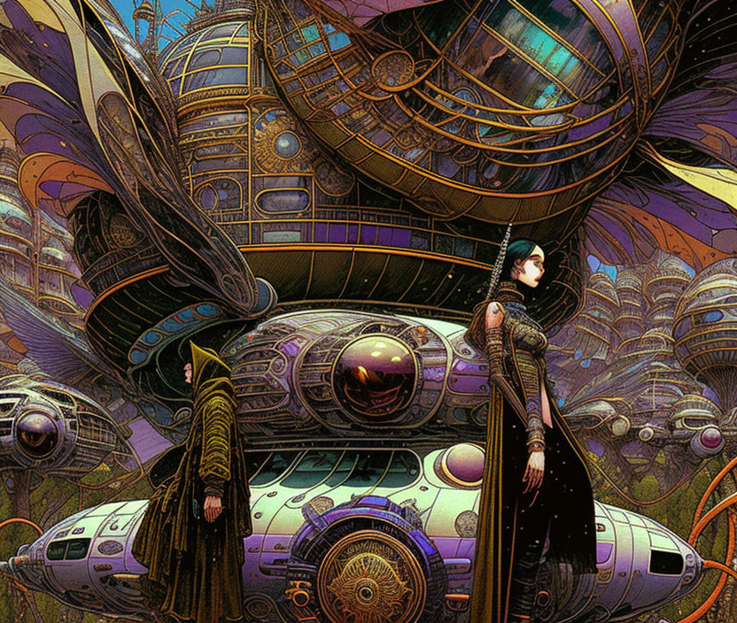 Sci-fi illustration: Two figures in elaborate costumes with futuristic cityscape