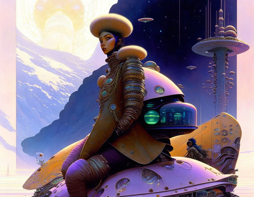 Futuristic female figure in golden armor on sleek spacecraft with purple sky