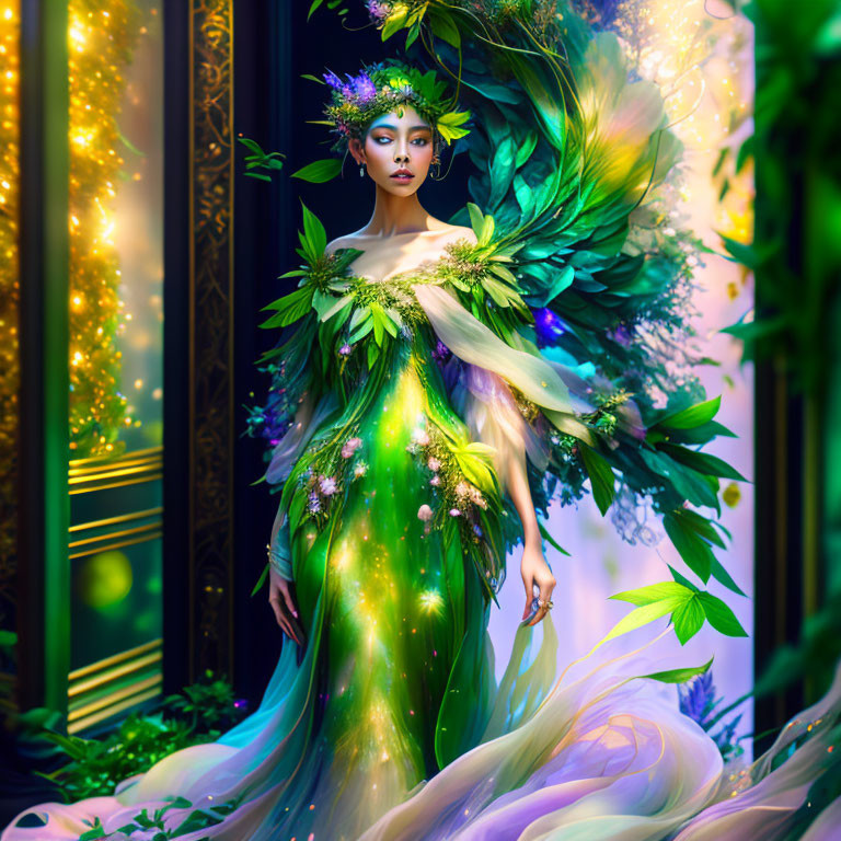 Mystical woman in vibrant green gown in enchanted forest