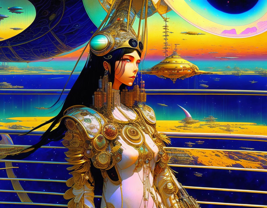 Futuristic female warrior in ornate armor on vibrant alien landscape