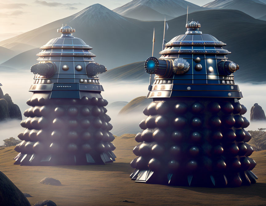 Two Daleks in misty mountain landscape at dusk