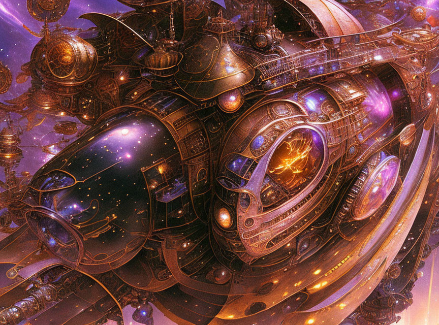 Steampunk spaceship with bronze gears and purple orbs in cosmic scene