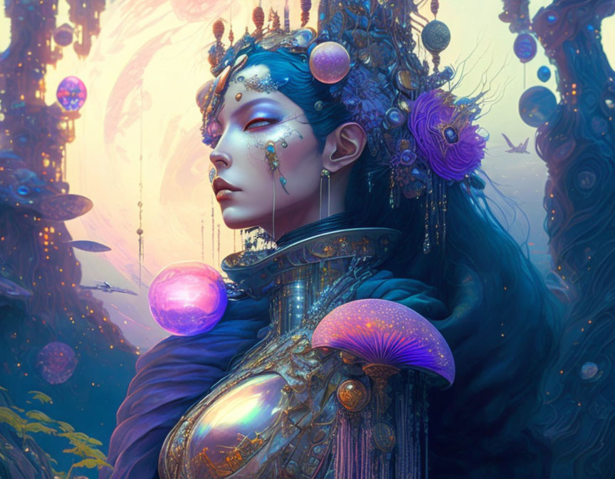 Fantasy Artwork: Female Figure with Blue Skin and Mystical Surroundings