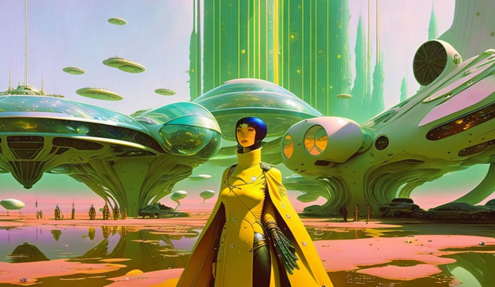 Futuristic cityscape with towering structures and flying saucers, featuring a figure in a yellow