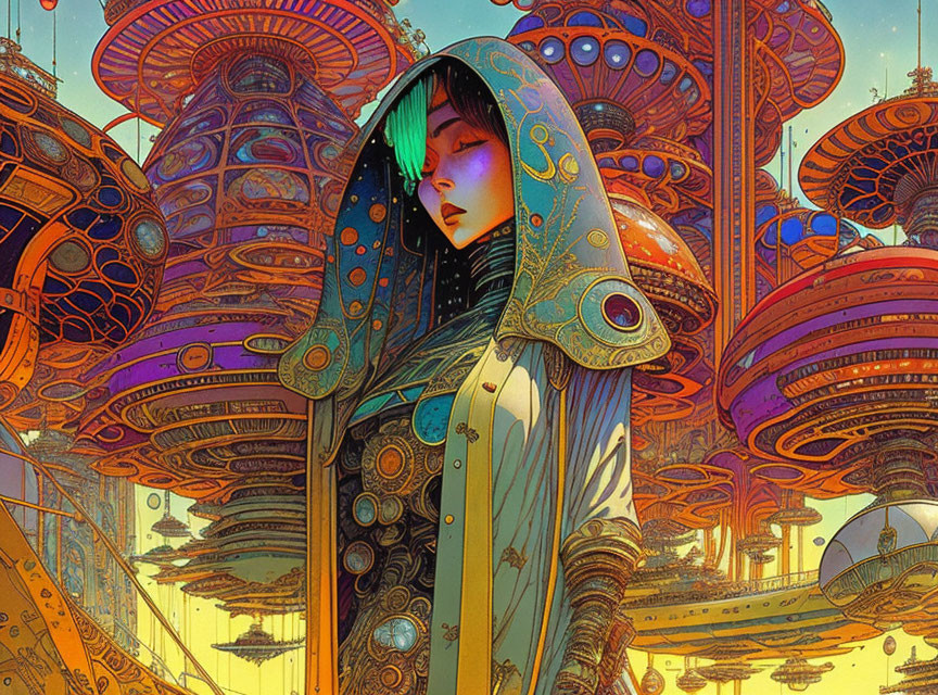 Futuristic illustration of hooded figure amid alien structures