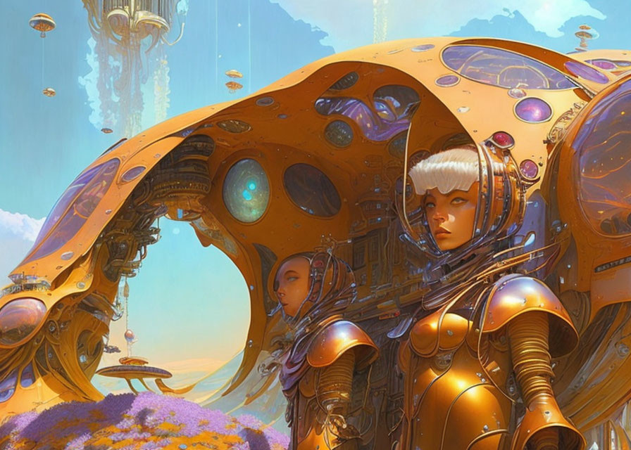 Futuristic characters in golden armor under organic structure with floating islands