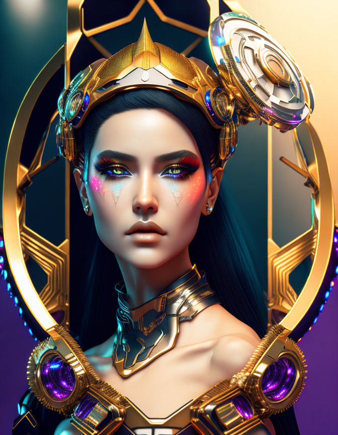 Futuristic digital art portrait of a woman with intense blue eyes and glowing makeup against geometric backdrop