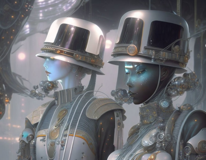 Futuristic humanoid robots with intricate details in ethereal setting