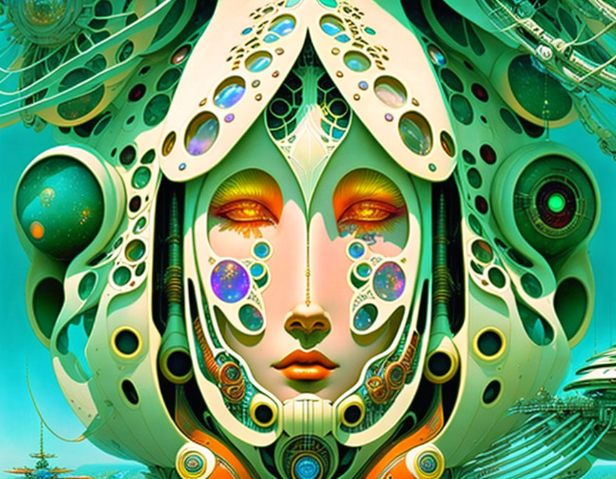 Colorful Stylized Female Face with Intricate Patterns & Surreal Elements