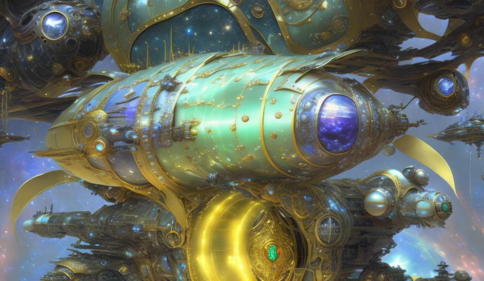 Ornate futuristic spaceship with gold and brass accents in celestial landscape