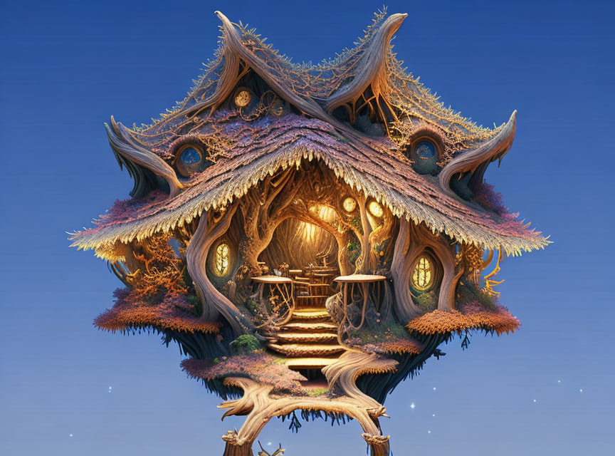 Illuminated fantasy treehouse with intricate wooden details