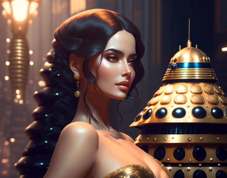 Stylish woman in golden dress with Dalek in vintage-futuristic scene