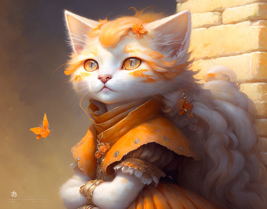 Anthropomorphized cat in orange cloak gazes at butterfly