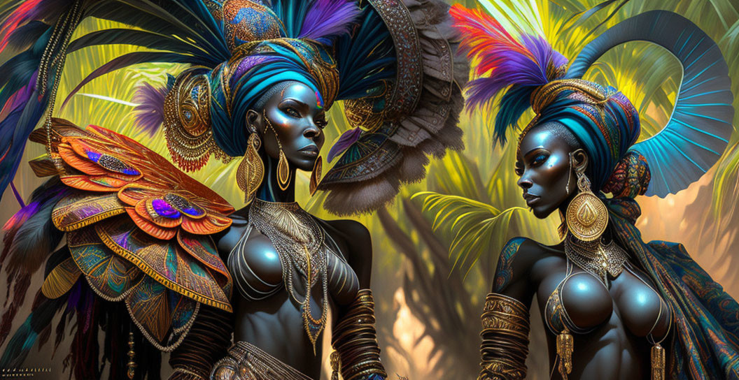 Stylized figures with feather headgear in vibrant tropical setting