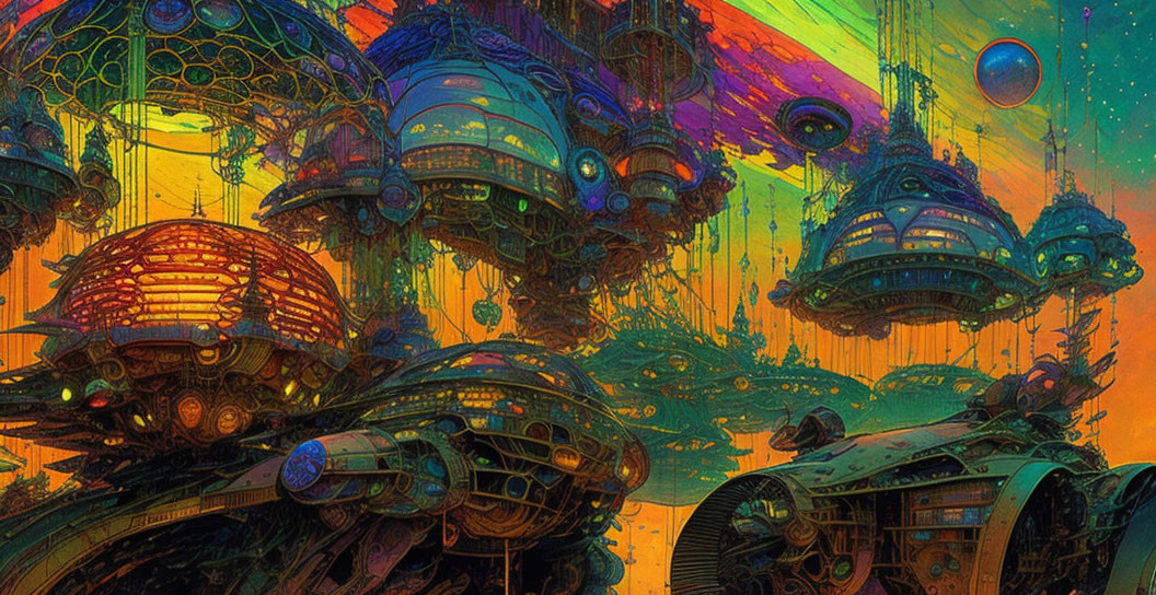 Futuristic sci-fi cityscape with floating structures and colorful sky