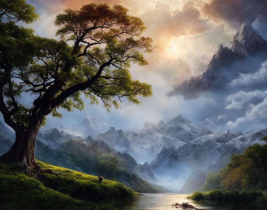 Tranquil landscape with lush tree, person, river, and mountains