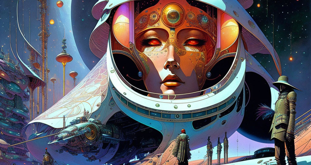 Detailed futuristic landscape with massive robotic face, spaceships, and person gazing at stars.