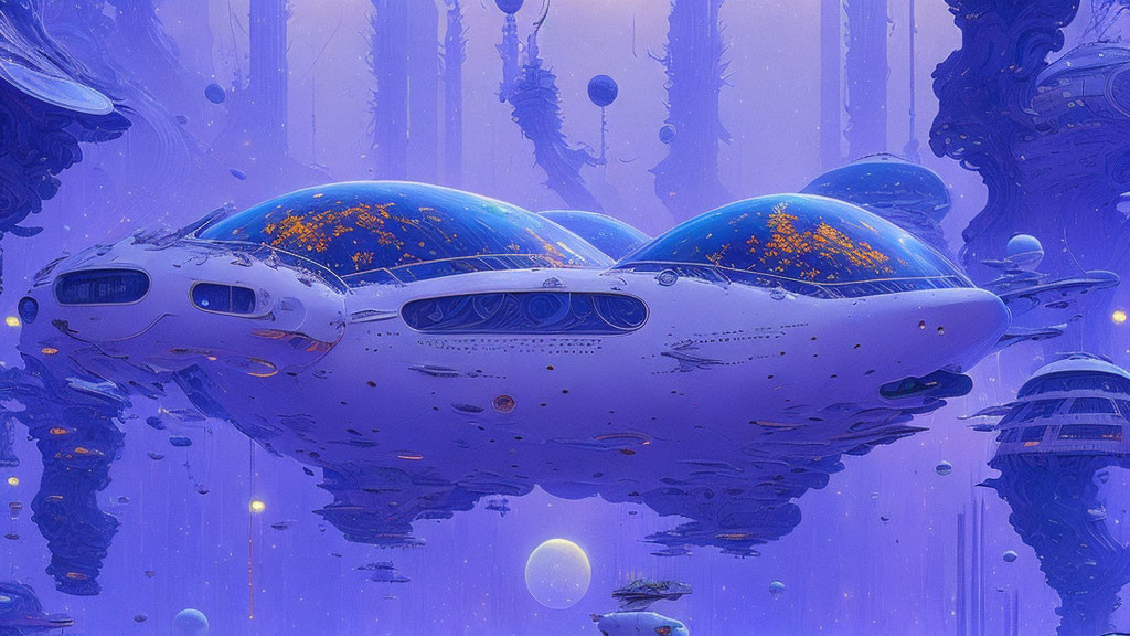 Futuristic cityscape with floating organic structures and vehicles amid tall purple pillars